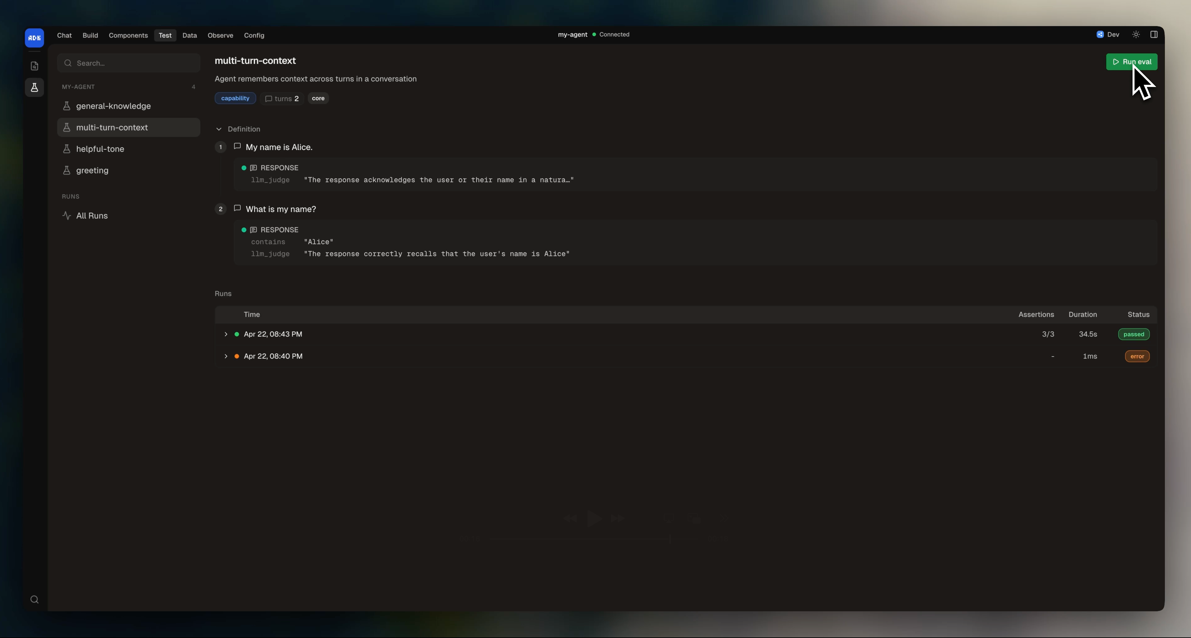 Evals page in dev console