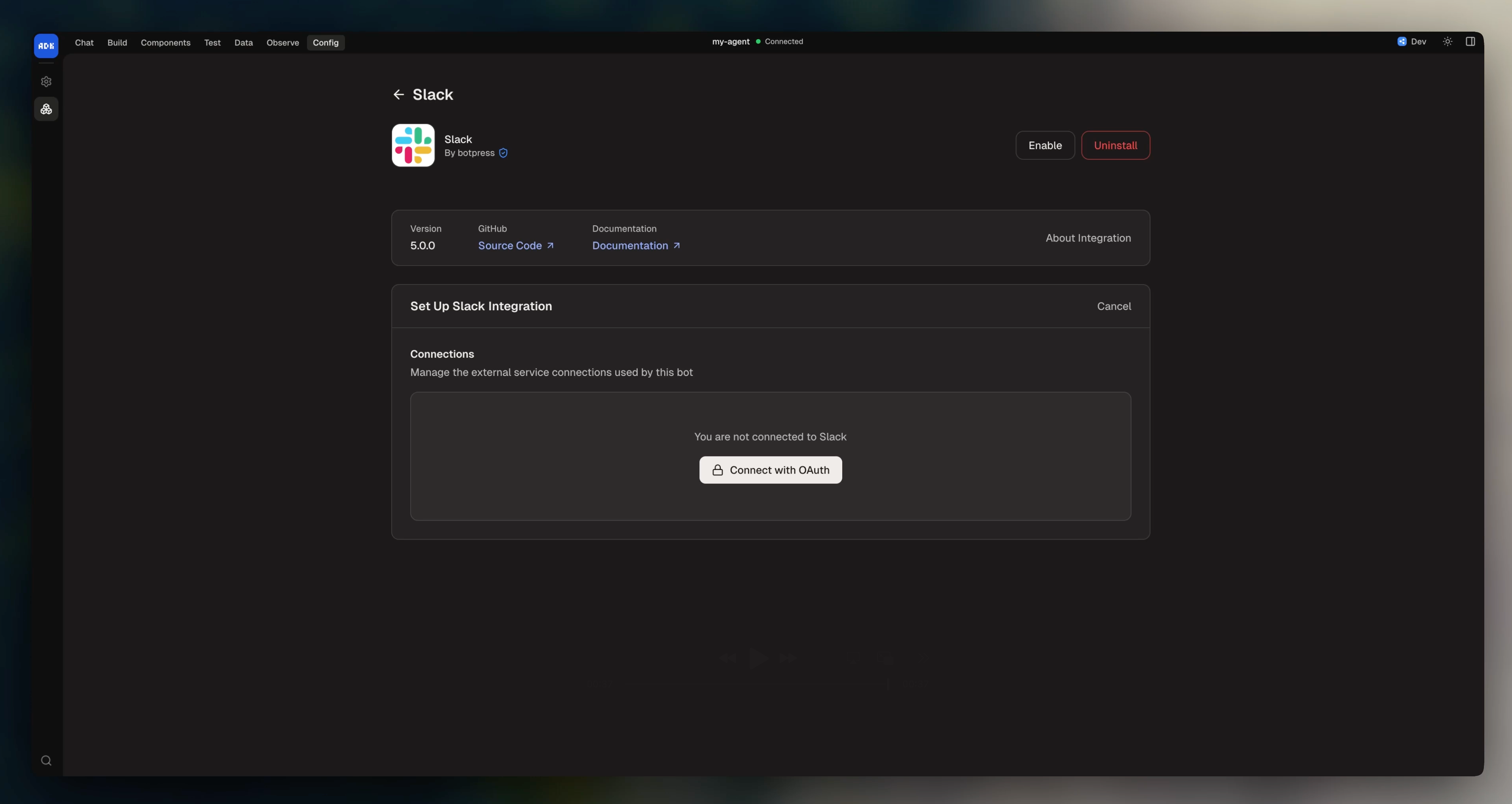 Integration configuration in dev console