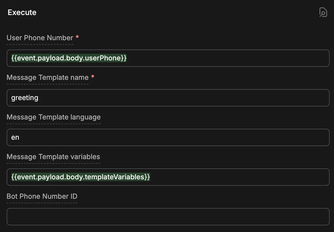 Start Conversation Card with User Phone, Template name, Template language, and Template variables