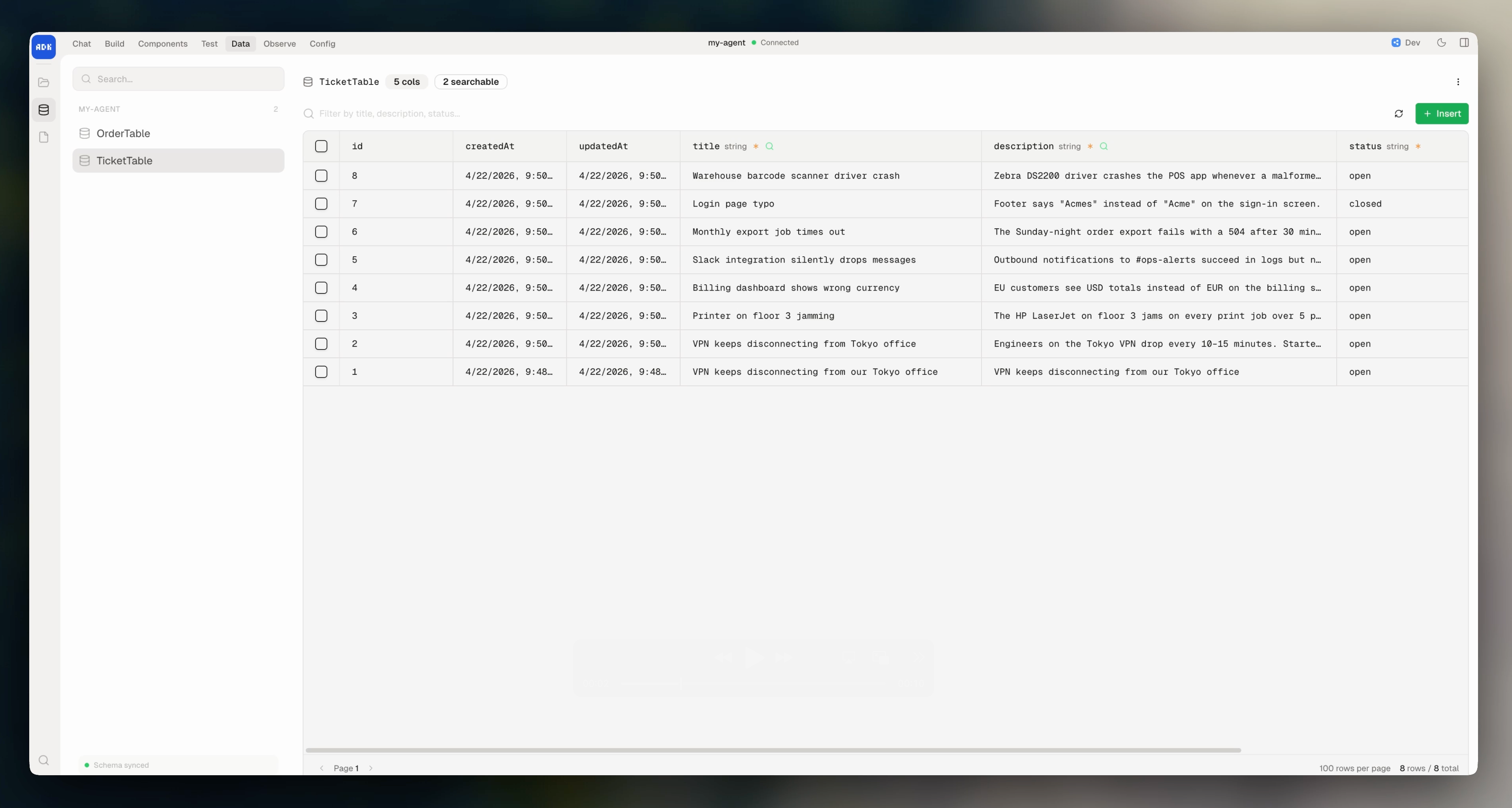 Tables page in dev console
