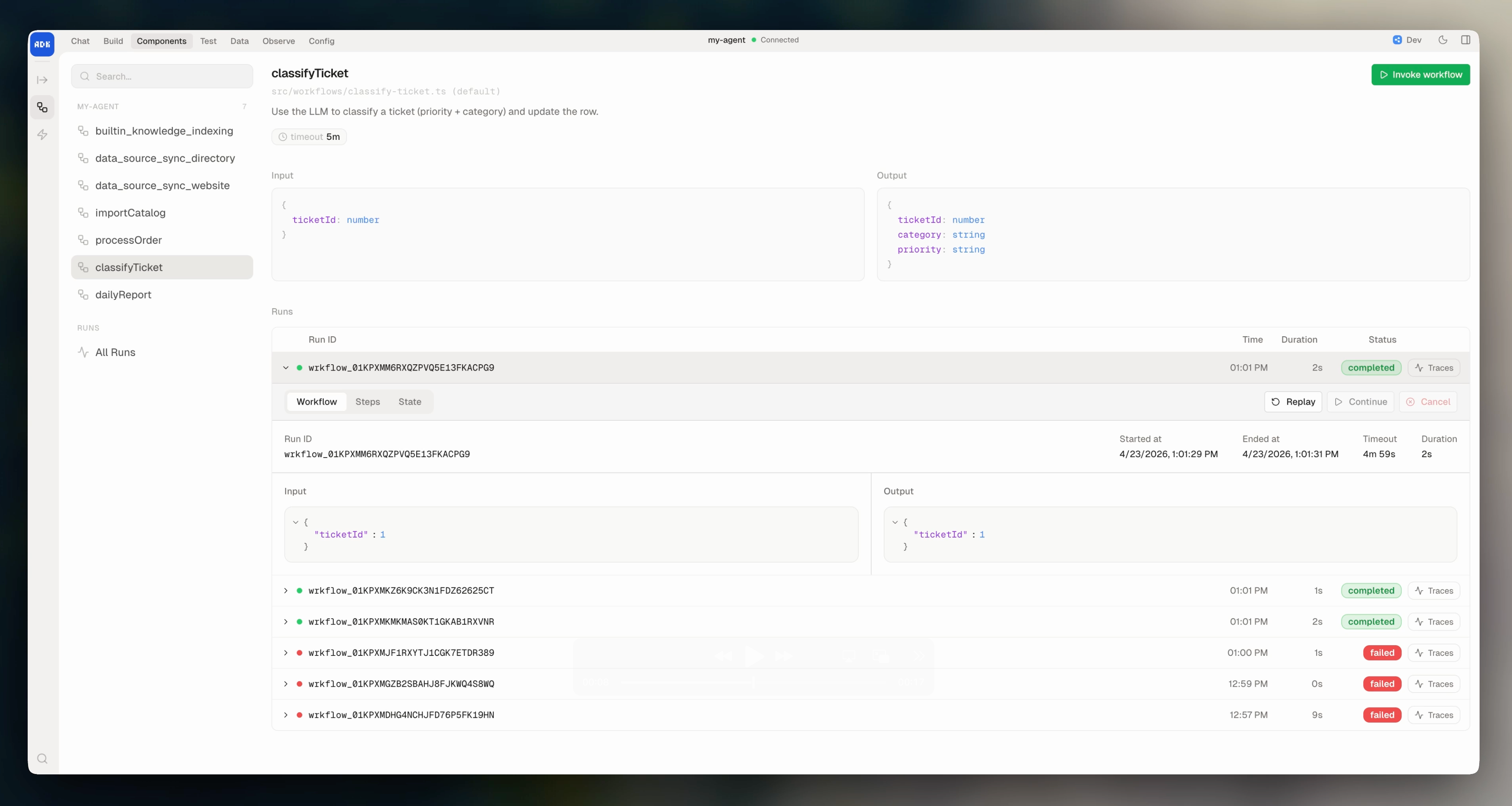 Workflows page in dev console